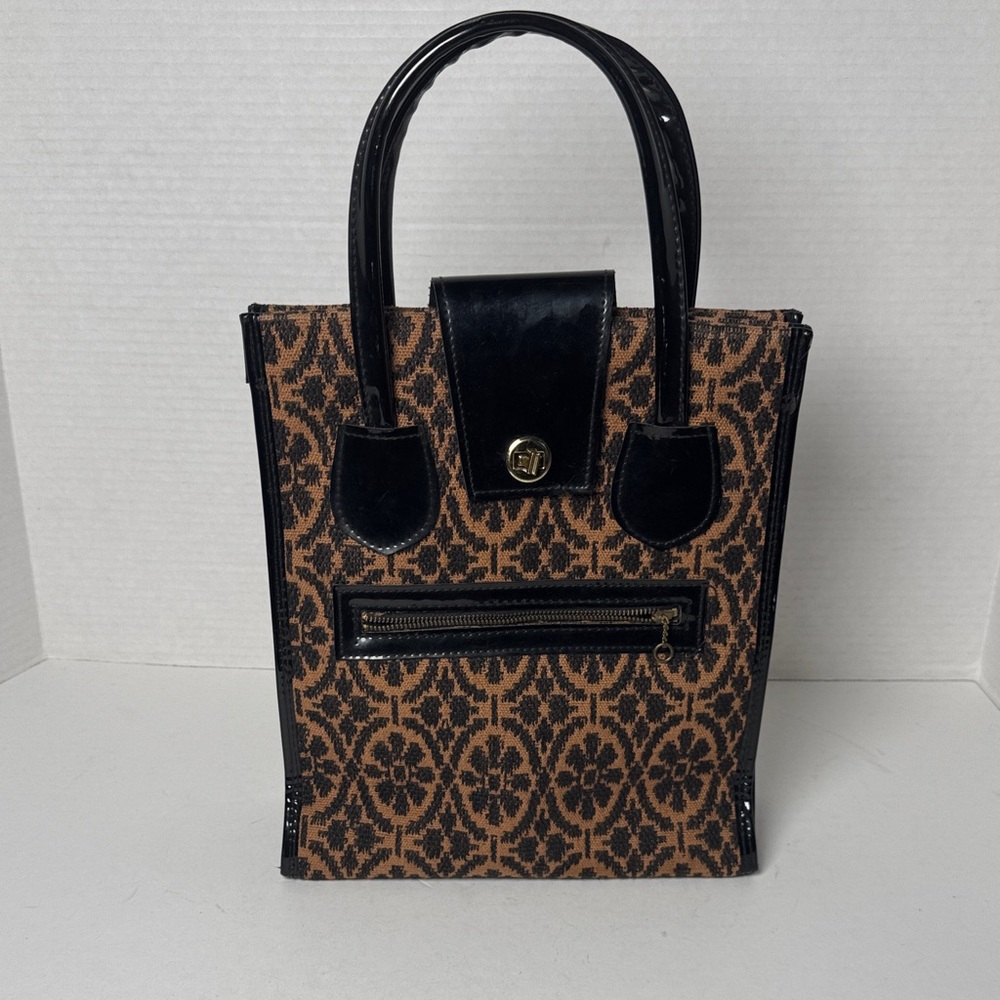 VINTAGE‎ Goldco Japan Tapestry Black Brown Patterned Handbag Patent Leather Trim